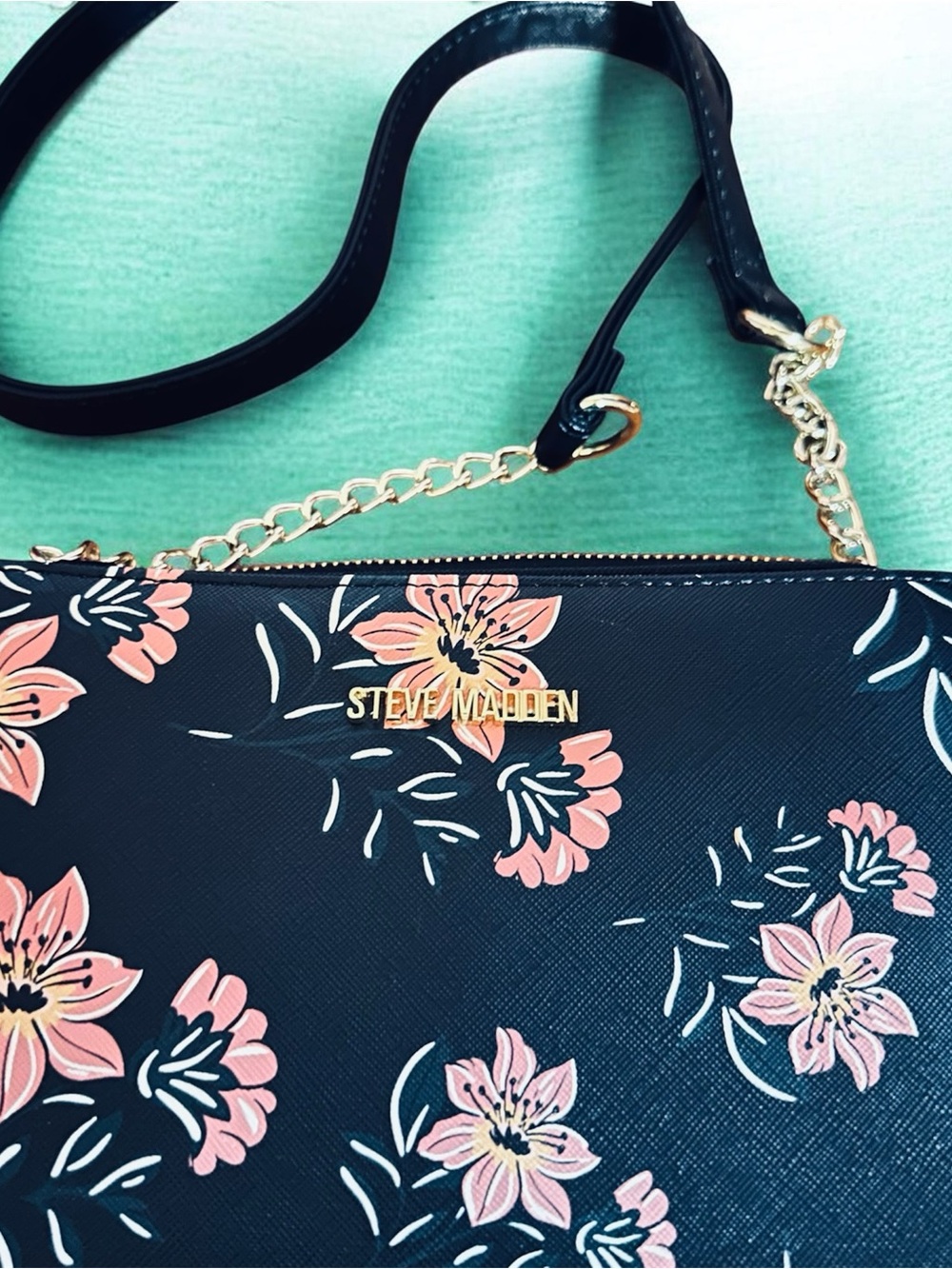 Steve Madden black Floral Crossbody with Pink Blossoms and Gold Chain